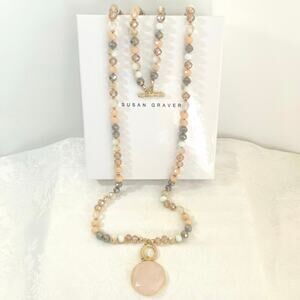 Susan Graver Rose Quartz Pink Pendant & Bead Necklace Gold Tone
